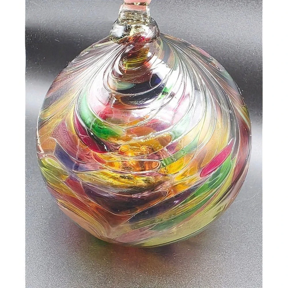 Vintage Kugel Style Hand Blown Glass Ornament Multi-color Swirl Bauble‎